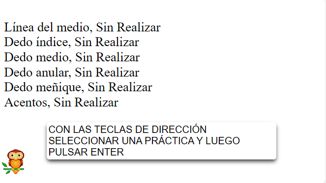 pantalla lista de prácticas de  Dactilografía